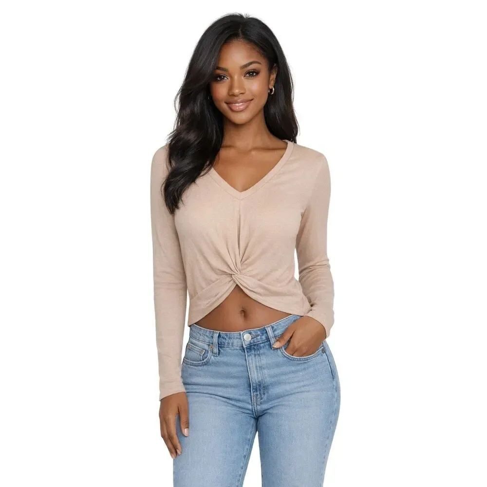 BOBI LOS ANGELES Women's Twist Front V-Neck Long Sleeve Top Peach Size S -NWT